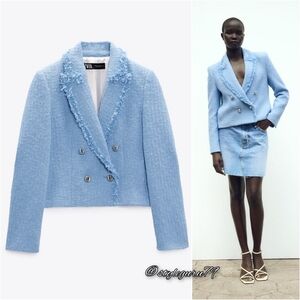 NWT, ZARA, BABY BLUE FRAYED DOUBLE-BREASTED BLAZER